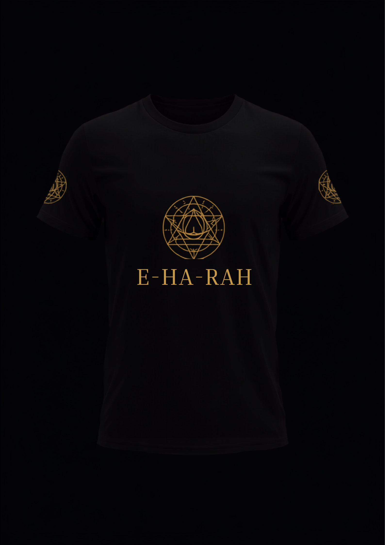 Black T-shirt with gold sunburst sigil, E-HA-RAH wordmark, and geometric sleeve wraps